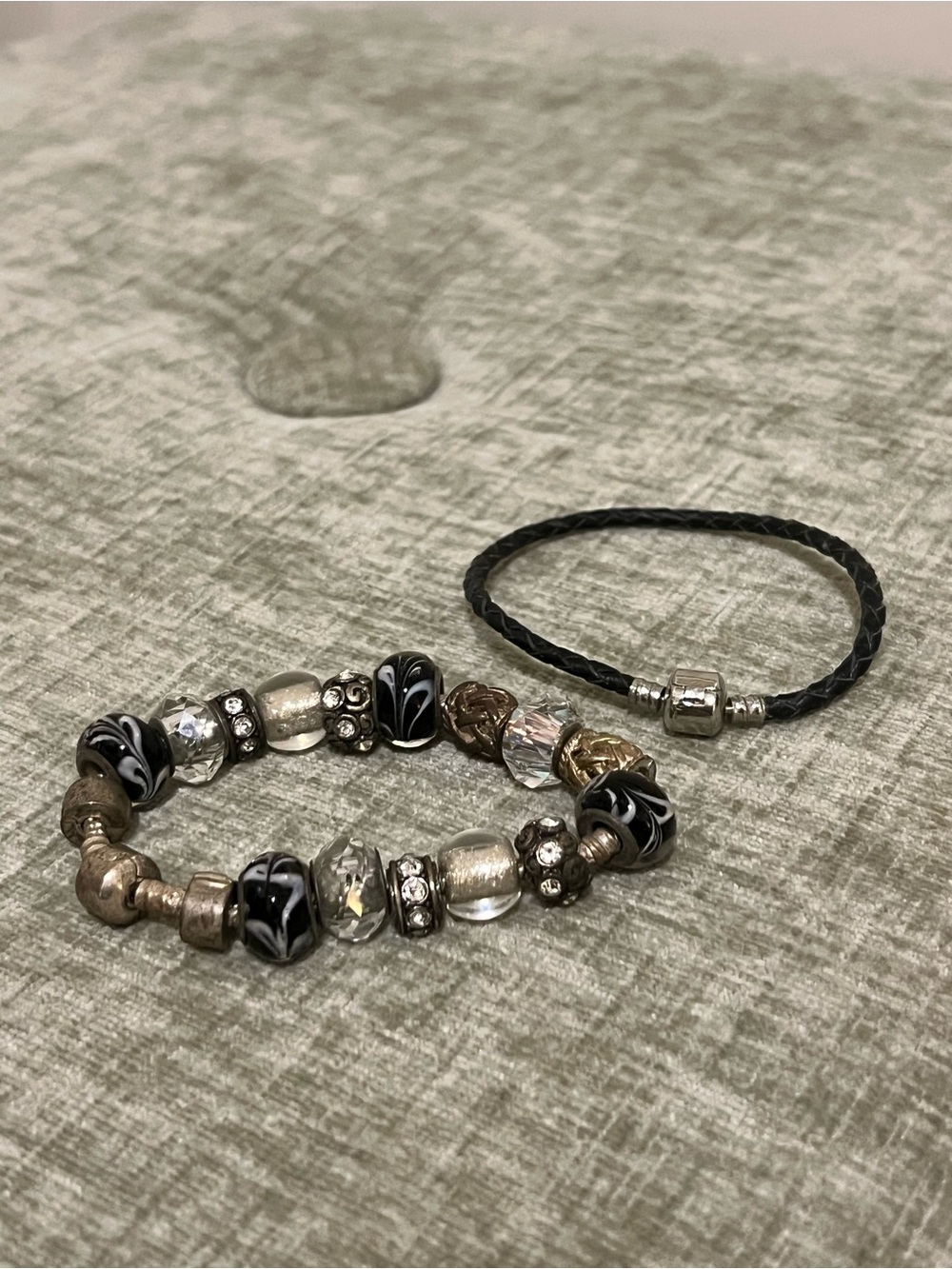 Black Braided Leather and Silver Bead Bracelet Set